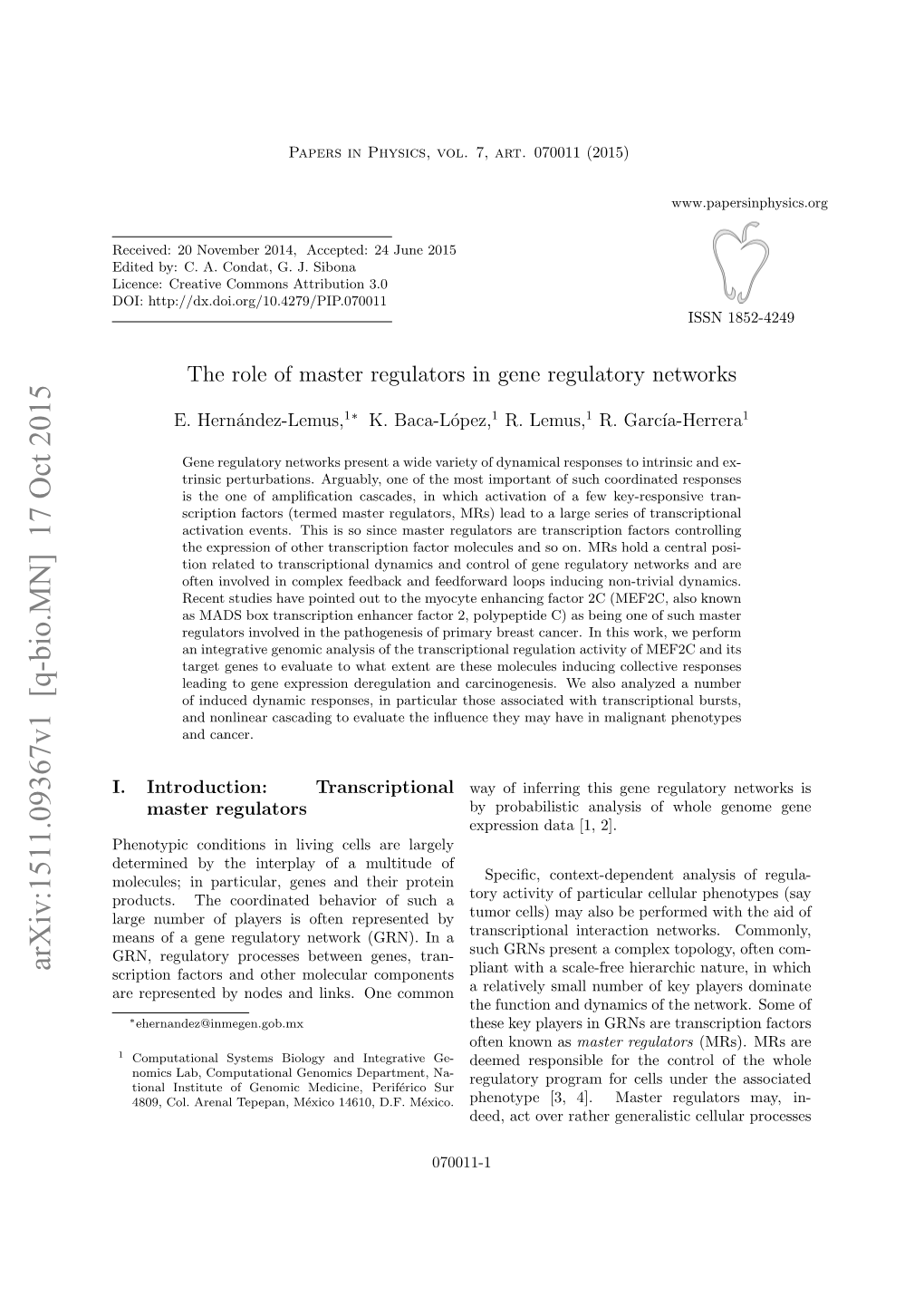 The Role of Master Regulators in Gene Regulatory Networks