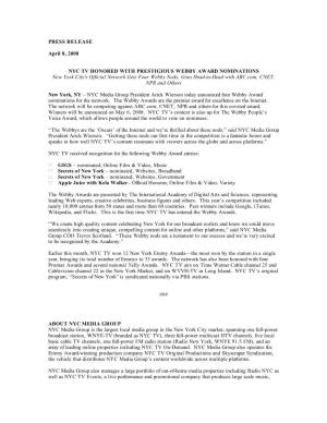PRESS RELEASE April 8, 2008 NYC TV HONORED WITH