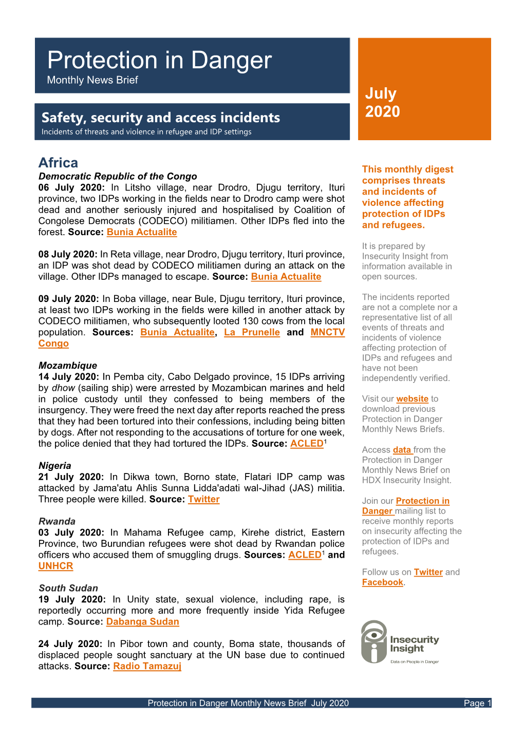 Protection in Danger Monthly News Brief