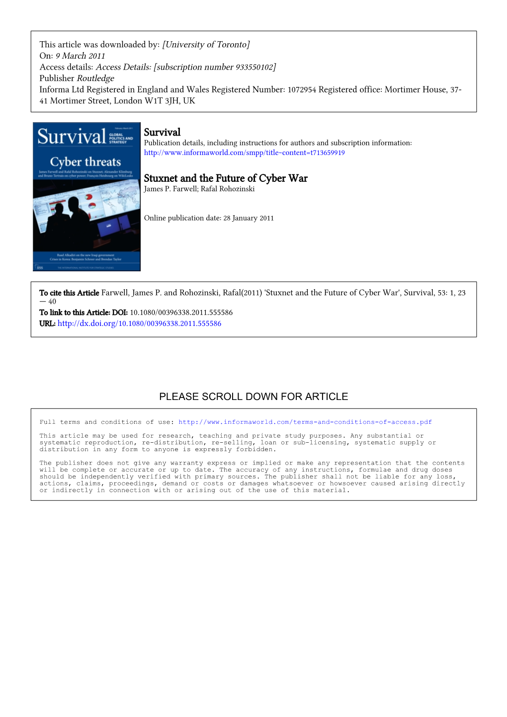 Survival Stuxnet and the Future of Cyber