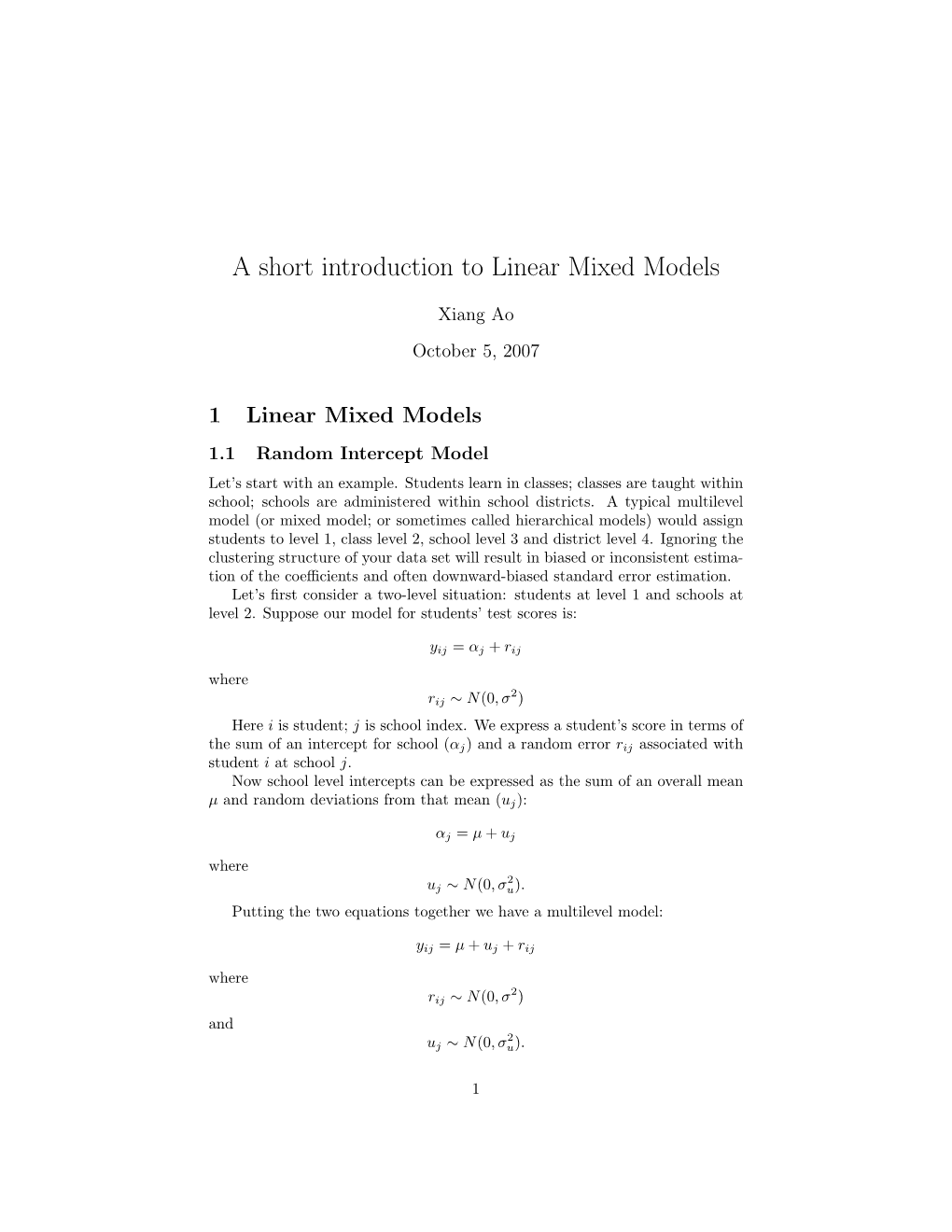 A Short Introduction to Linear Mixed Models