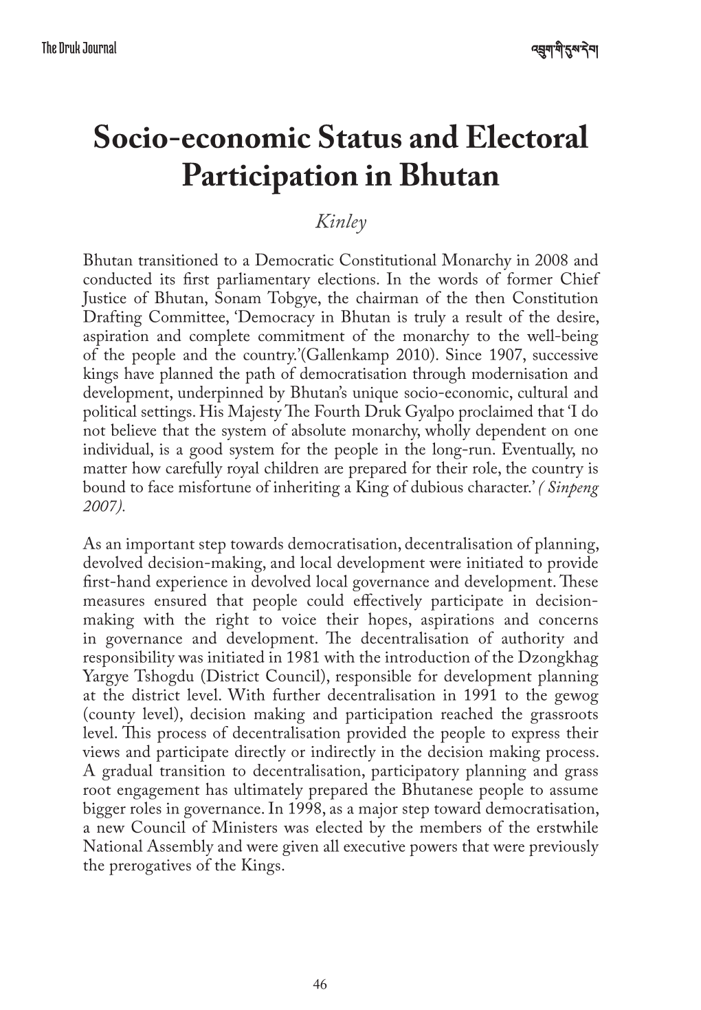 Socio-Economic Status and Electoral Participation in Bhutan Kinley