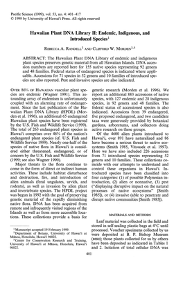 Hawaiian Plant DNA Library Ll: Endemic, Indigenous, and Introduced Species1