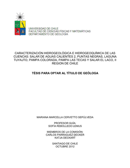 Caracterización Hidrogeológica E Hidrogeoquímica De Las Cuencas: Salar De Aguas Calientes 2, Puntas Negras, Laguna Tuyajto, P