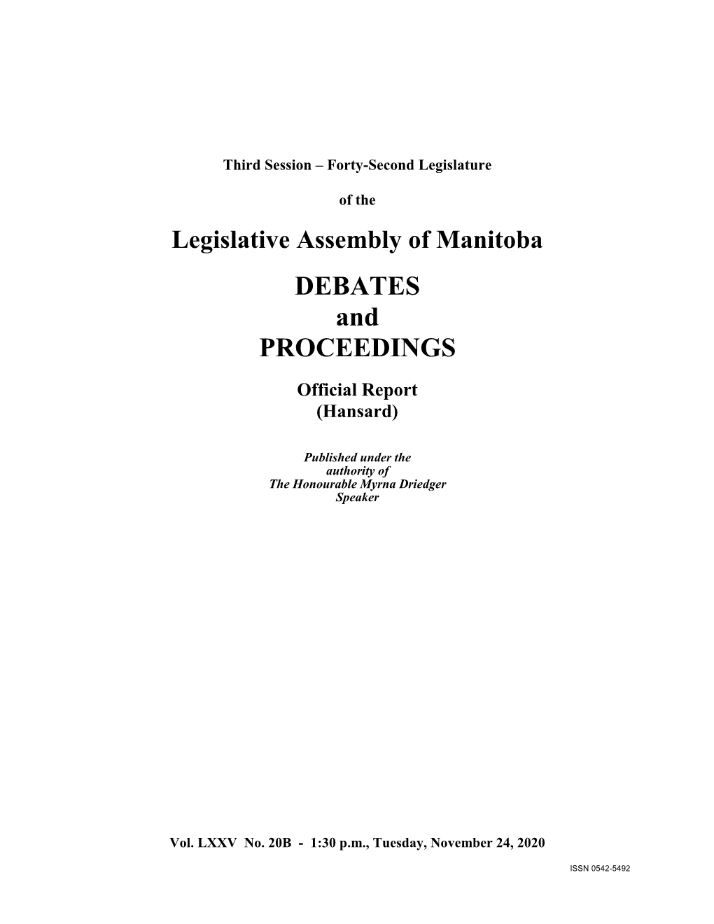 Legislative Assembly of Manitoba DEBATES and PROCEEDINGS Official Report