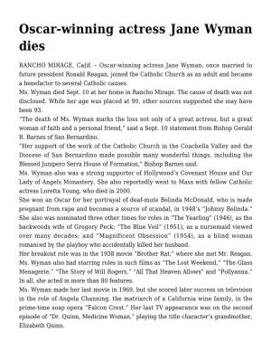 Oscar-Winning Actress Jane Wyman Dies