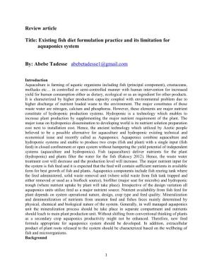 Existing Fish Diet Formulation Practice and Its Limitation for Aquaponics System