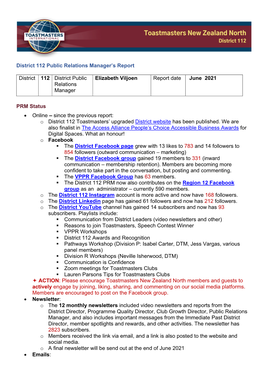 14. Public Relations Manager's Report June 2021 Report