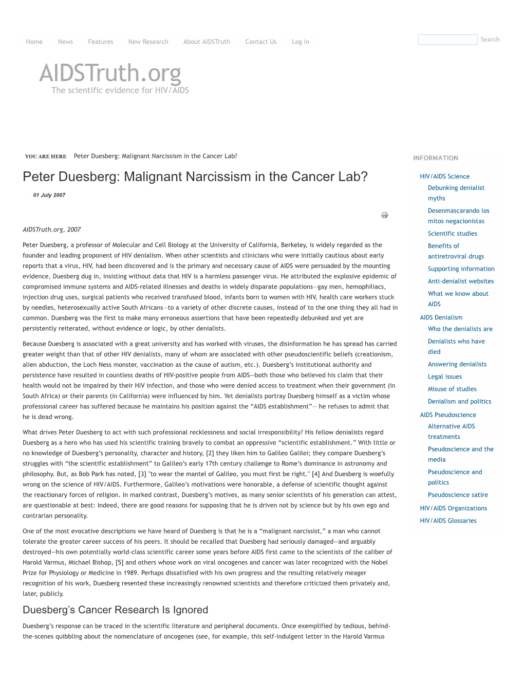 Peter Duesberg: Malignant Narcissism in the Cancer Lab? INFORMATIONINFORMATION