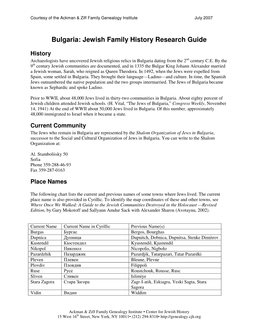 Bulgaria: Jewish Family History Research Guide