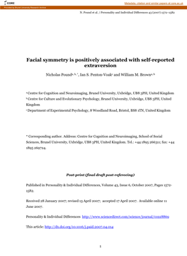Facial Symmetry Is Positively Associated with Self-Reported Extraversion