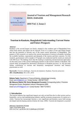 ISSN: 2149-6528 2018 Vol. 3, Issue.1 Tourism in Kuakata, Bangladesh