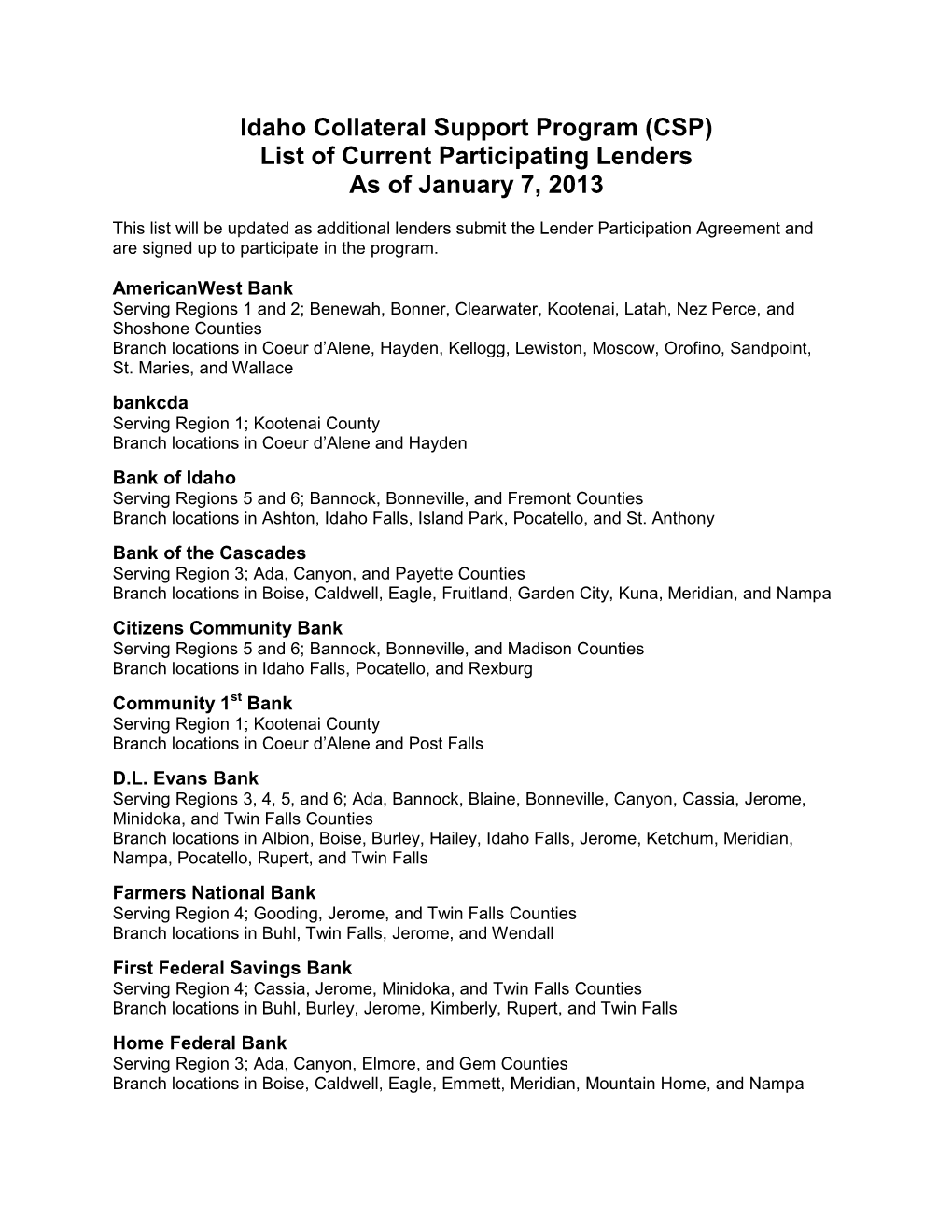 Idaho Collateral Support Program (CSP) List of Current Participating Lenders As of January 7, 2013