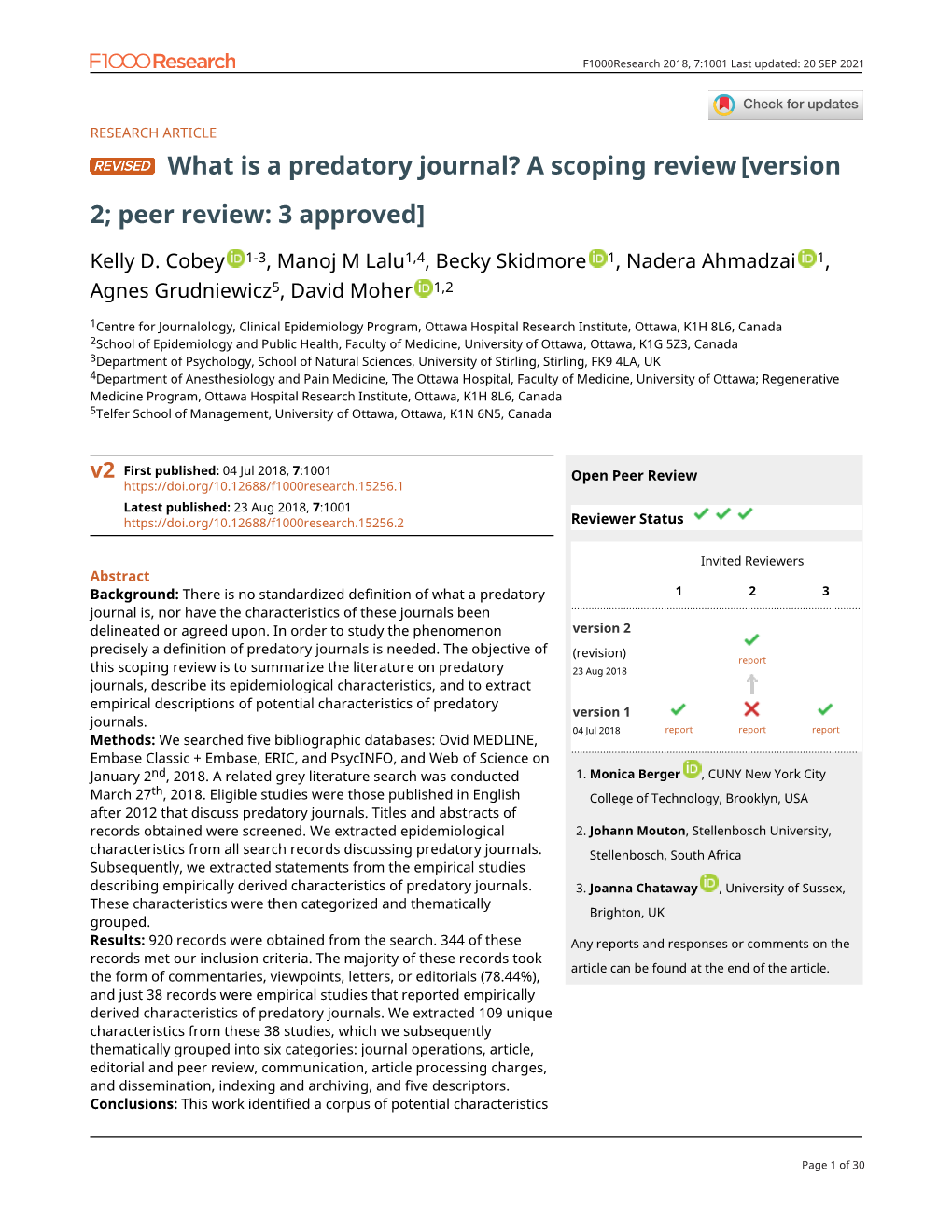 What Is a Predatory Journal? a Scoping Review[Version 2; Peer