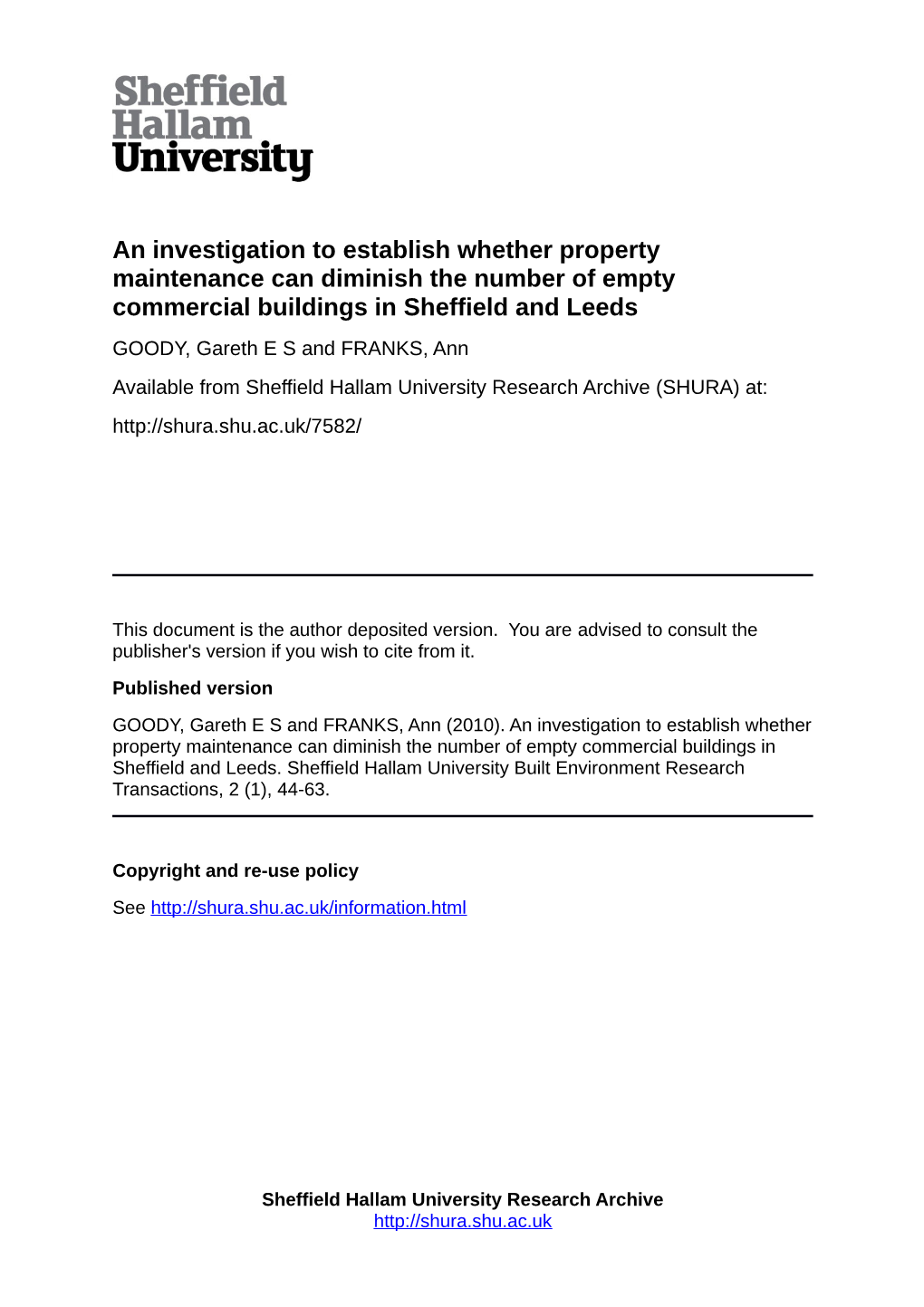 An Investigation to Establish Whether Property Maintenance Can Diminish