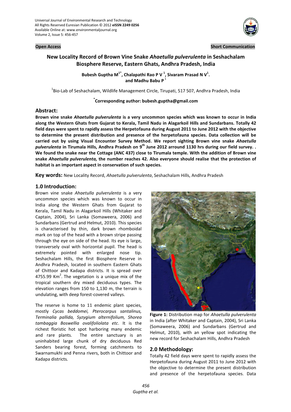 New Locality Record of Brown Vine Snake Ahaetulla Pulverulenta in Seshachalam Biosphere Reserve, Eastern Ghats, Andhra Pradesh, India