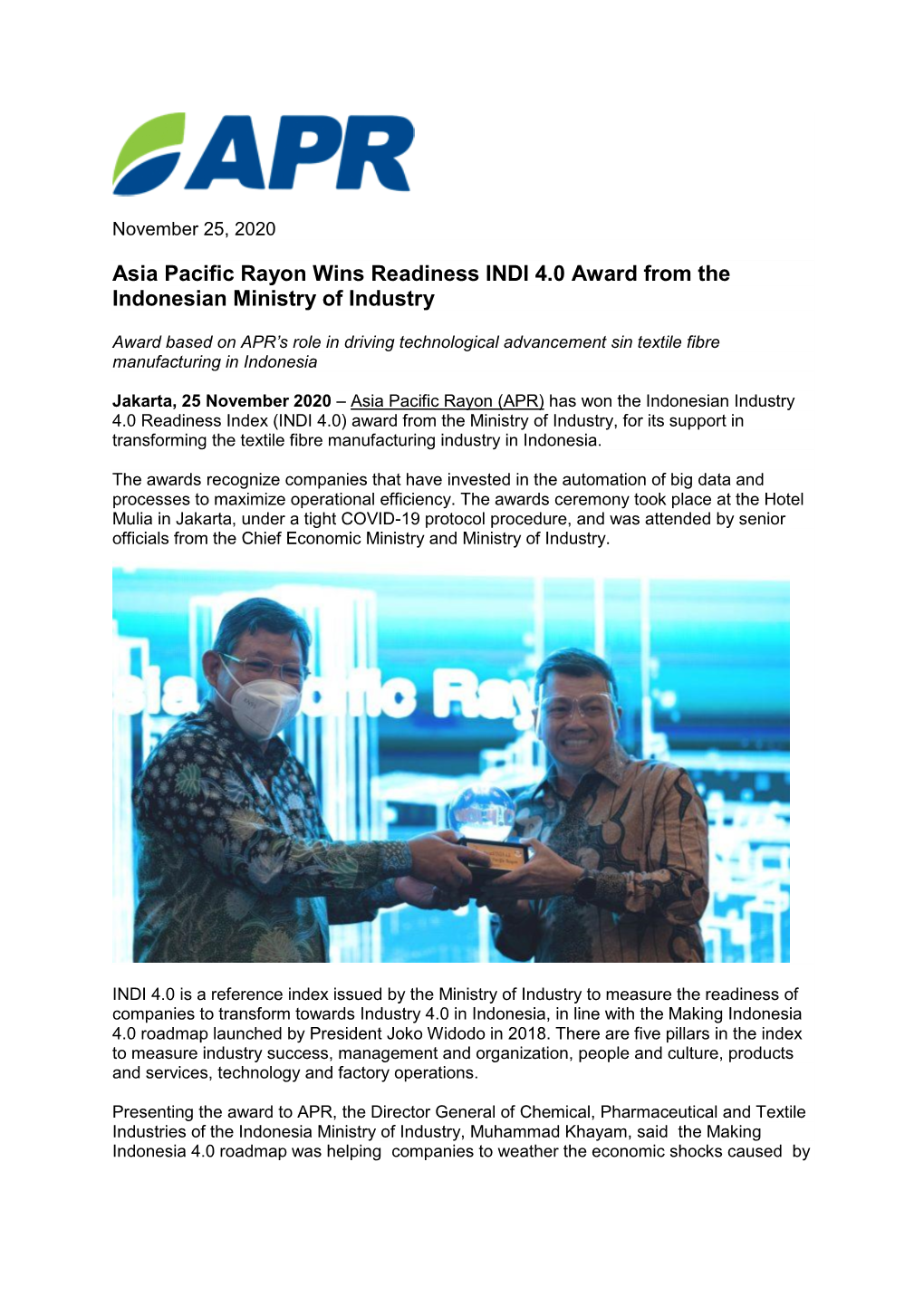 Asia Pacific Rayon Wins Readiness INDI 4.0 Award from the Indonesian Ministry of Industry