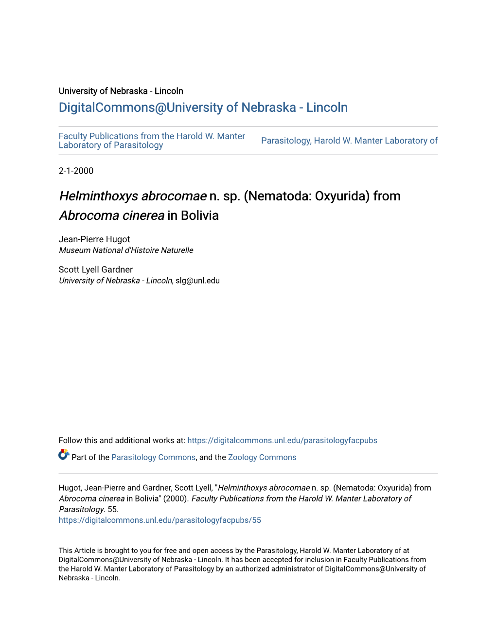 Nematoda: Oxyurida) from Abrocoma Cinerea in Bolivia