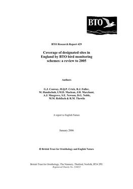 Coverage of Designated Sites in England by BTO Bird Monitoring Schemes: a Review to 2005