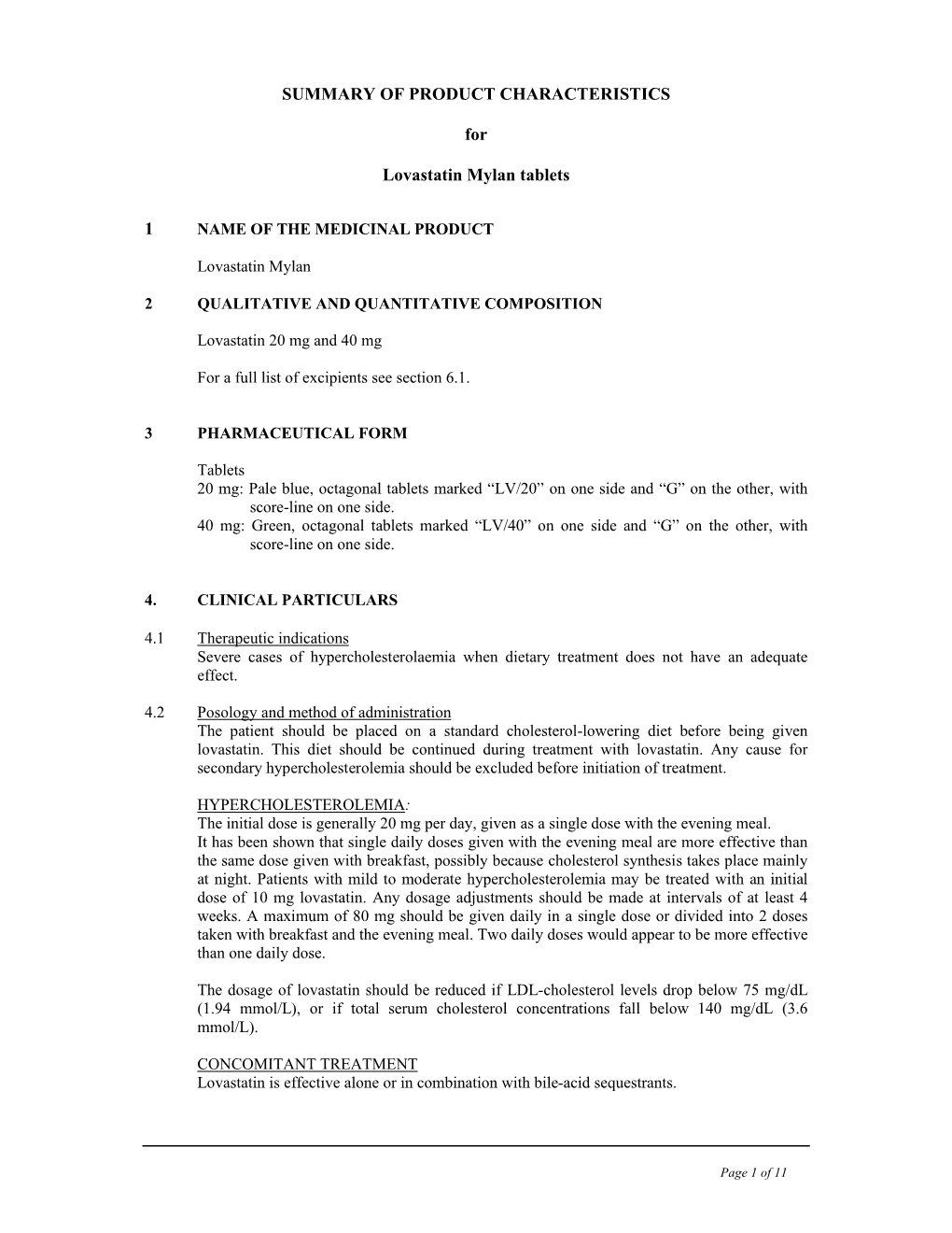 SUMMARY of PRODUCT CHARACTERISTICS for Lovastatin