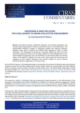 HASTENING a HAZE SOLUTION: the CHALLENGES to ASEAN COLLECTIVE ENGAGEMENT by Lloyd Alexander M