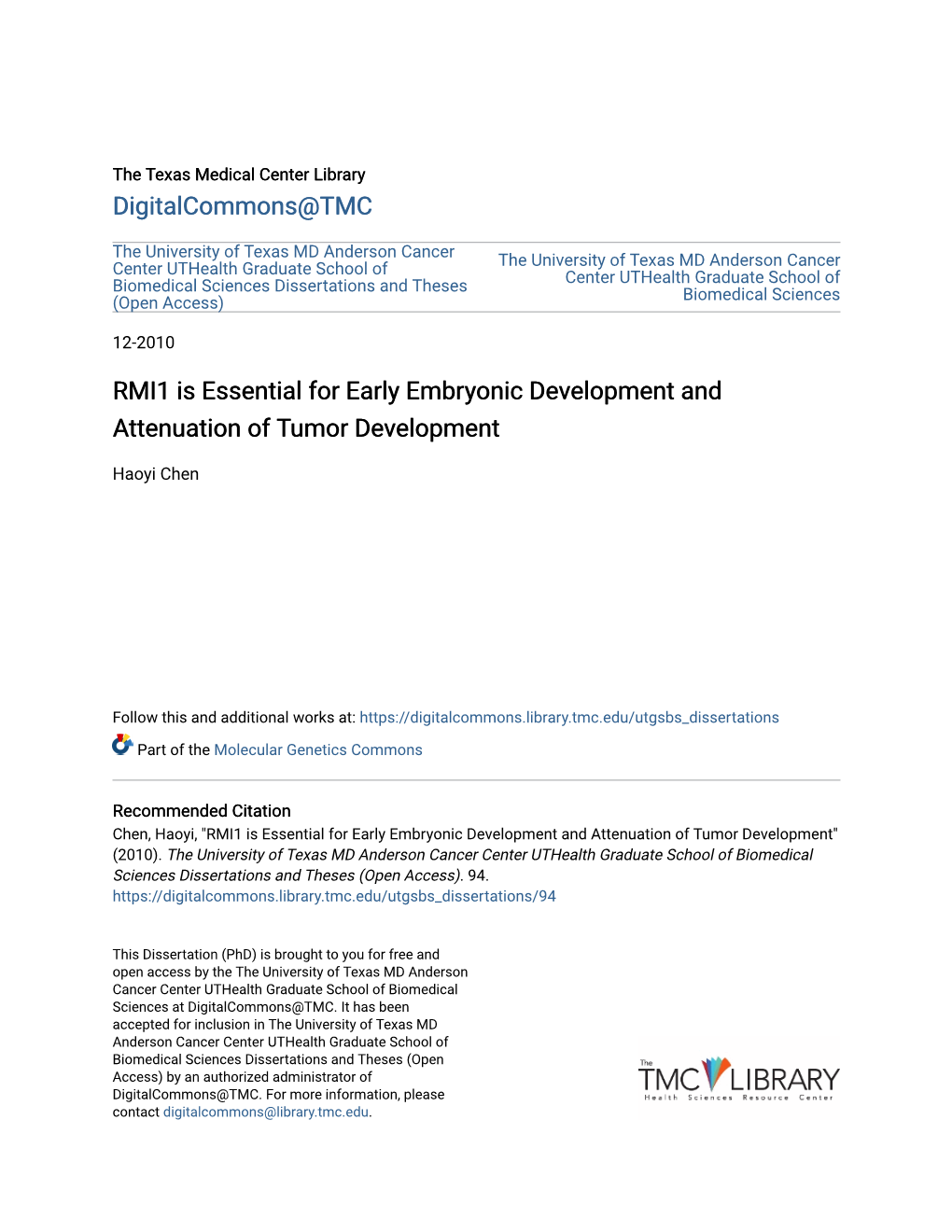 RMI1 Is Essential for Early Embryonic Development and Attenuation of Tumor Development