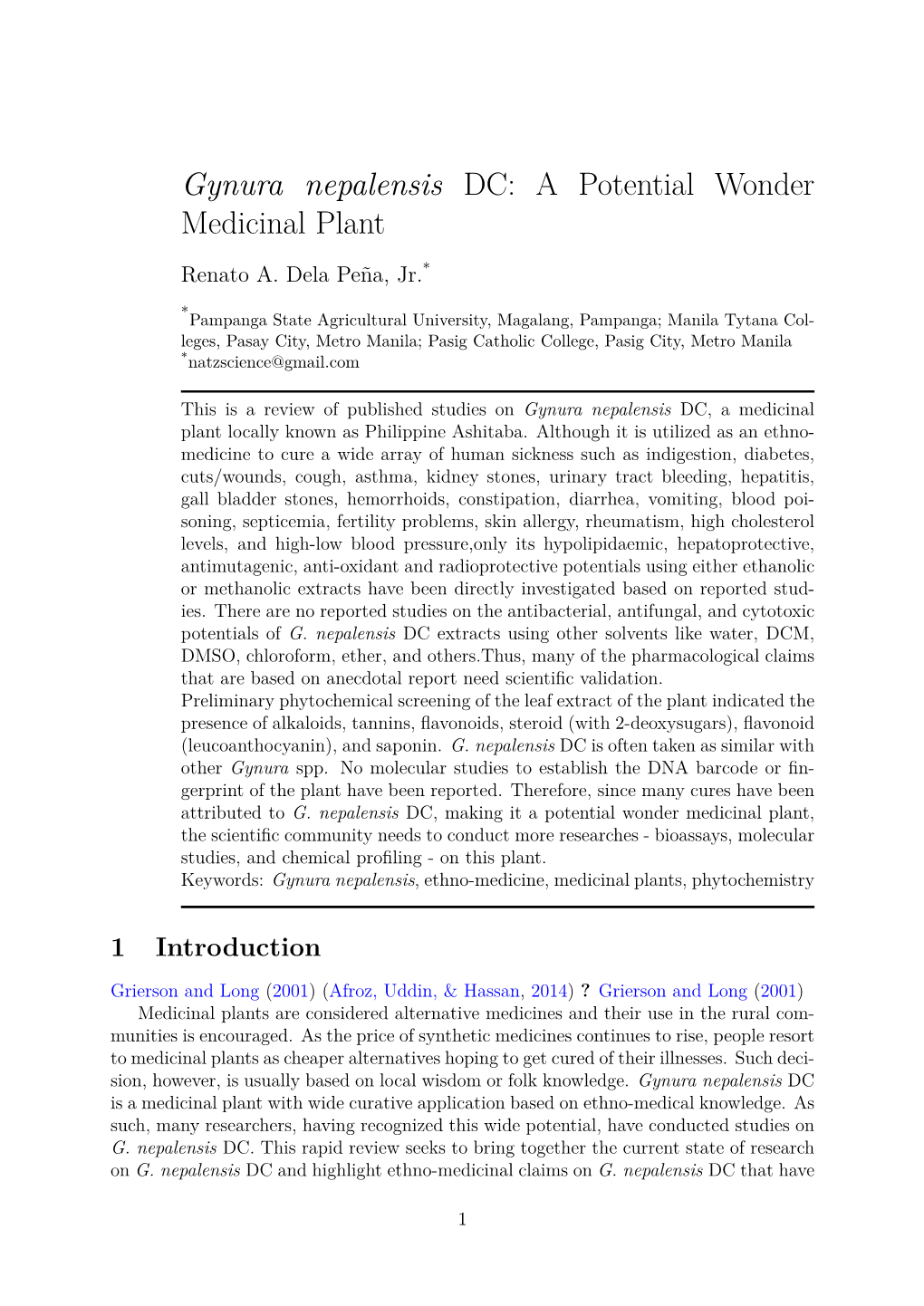 Gynura Nepalensis DC: a Potential Wonder Medicinal Plant