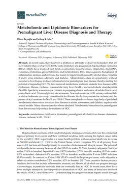 Metabolomic and Lipidomic Biomarkers for Premalignant Liver Disease Diagnosis and Therapy