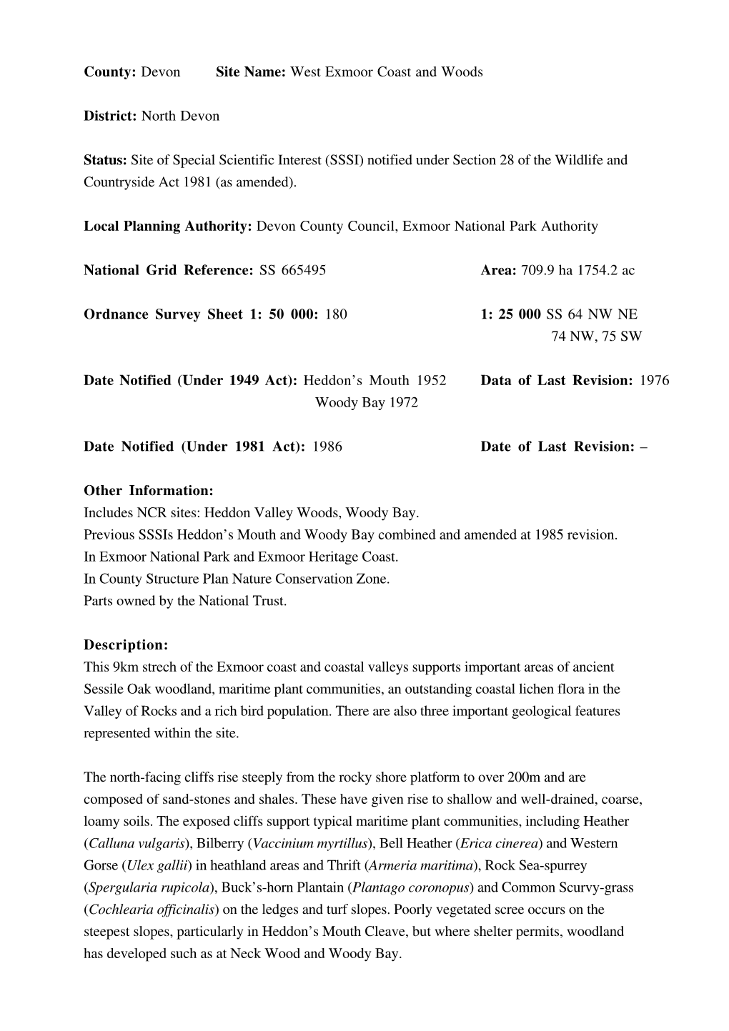 West Exmoor Coast and Woods District: North Devon Status