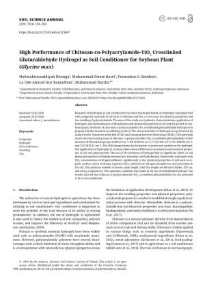 High Performance of Chitosan-Co-Polyacrylamide-Tio2 Crosslinked Glutaraldehyde Hydrogel As Soil Conditioner for Soybean Plant (Glycine Max)