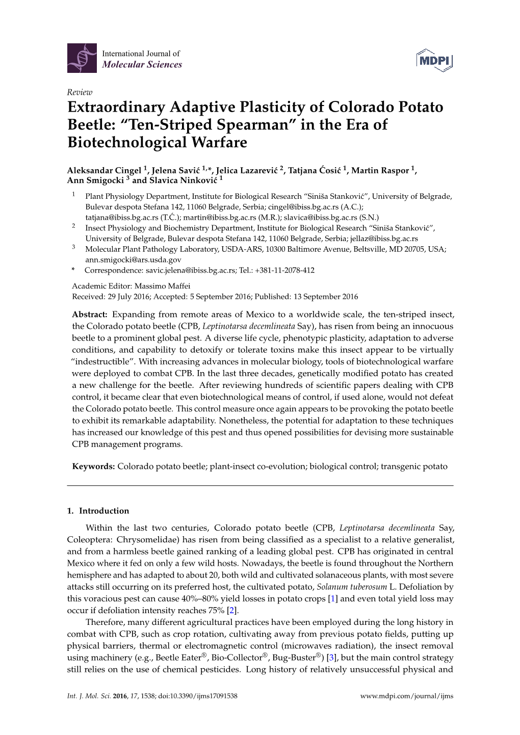 Extraordinary Adaptive Plasticity of Colorado Potato Beetle: “Ten-Striped Spearman” in the Era of Biotechnological Warfare