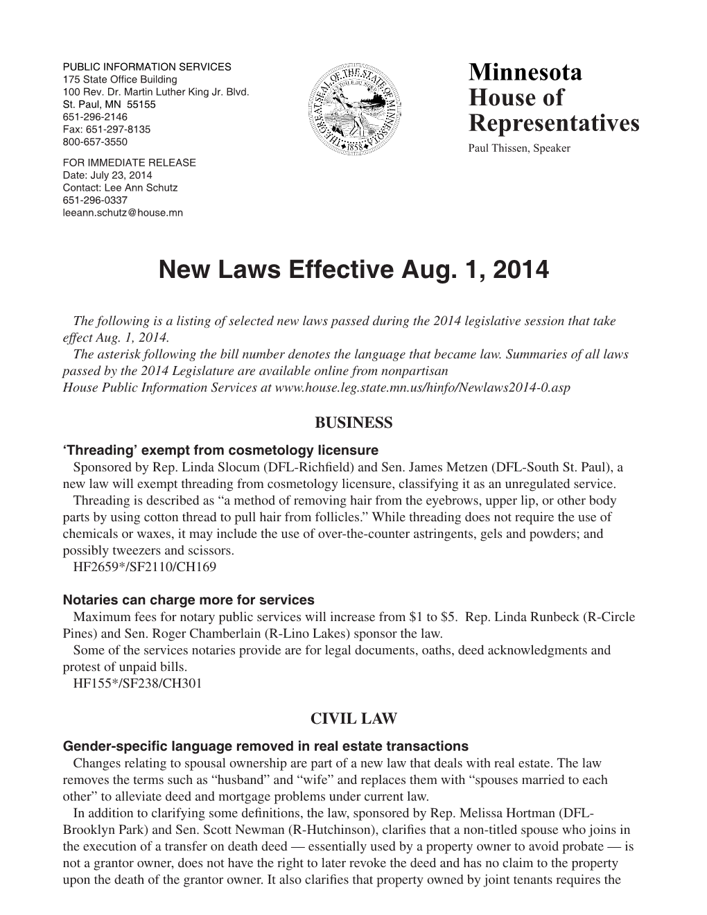 Minnesota House of Representatives New Laws Effective Aug. 1, 2014