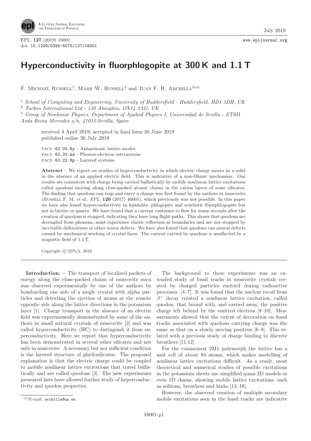 Hyperconductivity in Fluorphlogopite at 300 K and 1.1 T