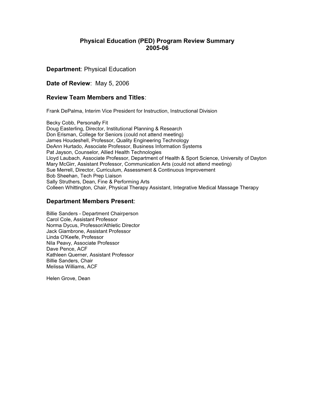 Physical Education (PED) Program Review Summary