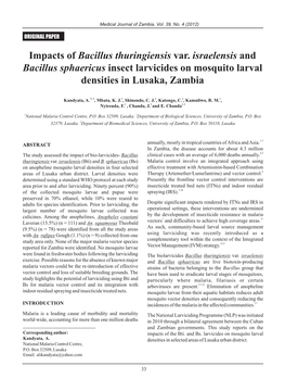 Impacts of Bacillus Thuringiensis Var. Israelensis and Bacillus Sphaericus Insect Larvicides on Mosquito Larval Densities in Lusaka, Zambia