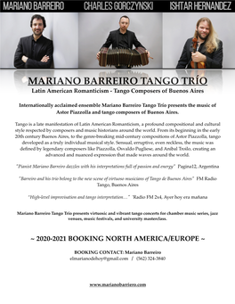 MARIANO BARREIRO TANGO TRÍO Latin American Romanticism - Tango Composers of Buenos Aires