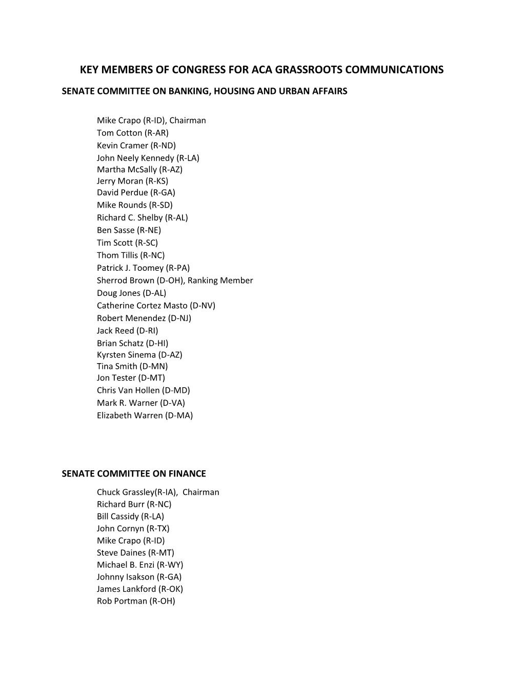 Key Members of Congress for Aca Grassroots Communications Senate Committee on Banking, Housing and Urban Affairs