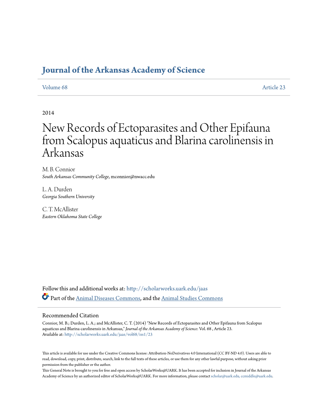 New Records of Ectoparasites and Other Epifauna from Scalopus Aquaticus and Blarina Carolinensis in Arkansas M