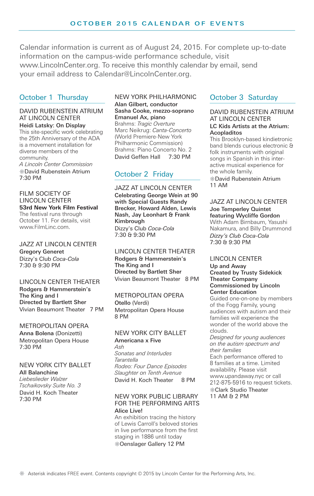 Lincoln Center Oct 2015 Calendar of Events
