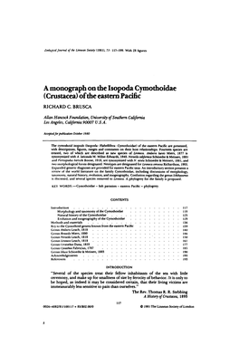 A Monograph on the Isopoda Cymothoidae (Crustacea)Of the Eastern Pacific RICHARD C