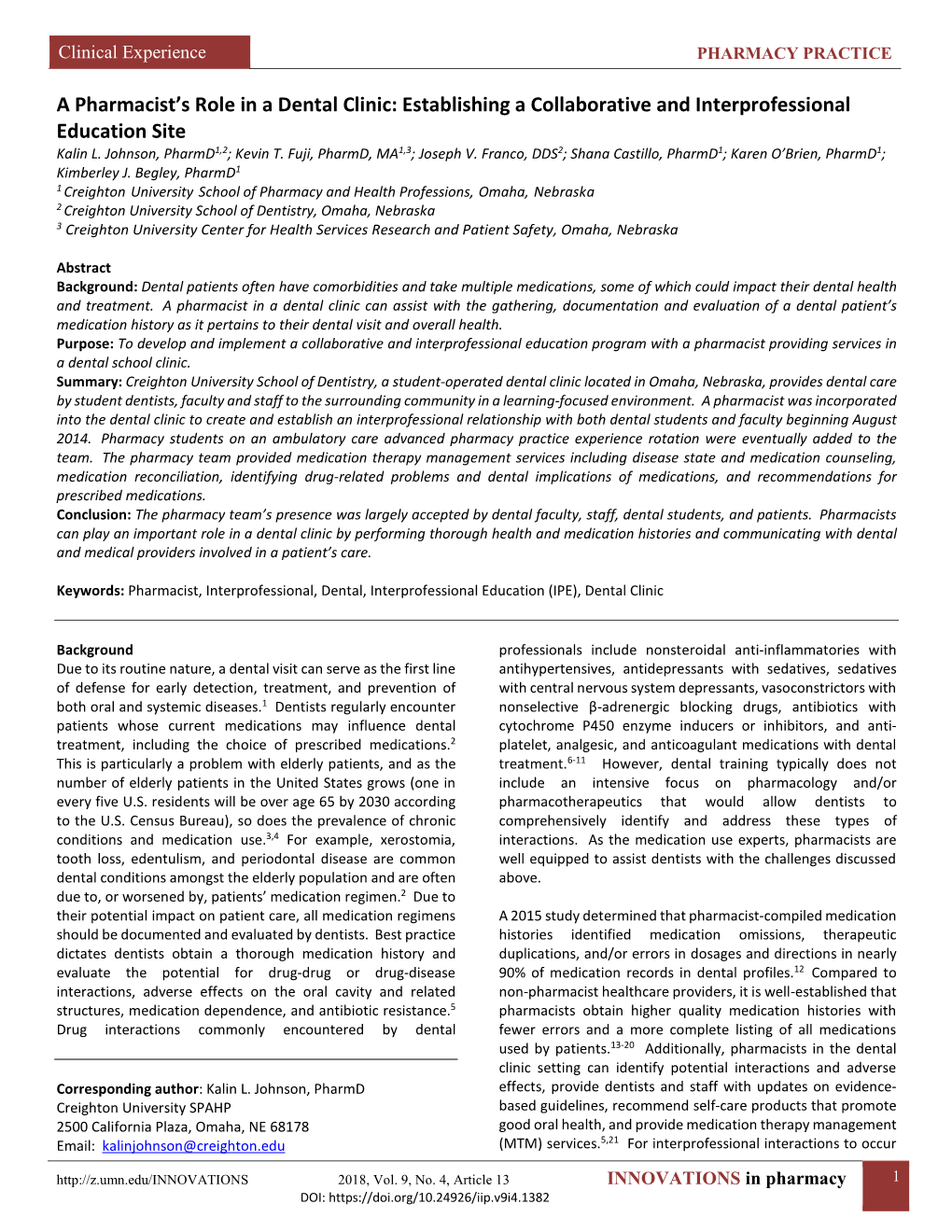 A Pharmacist's Role in a Dental Clinic: Establishing a Collaborative