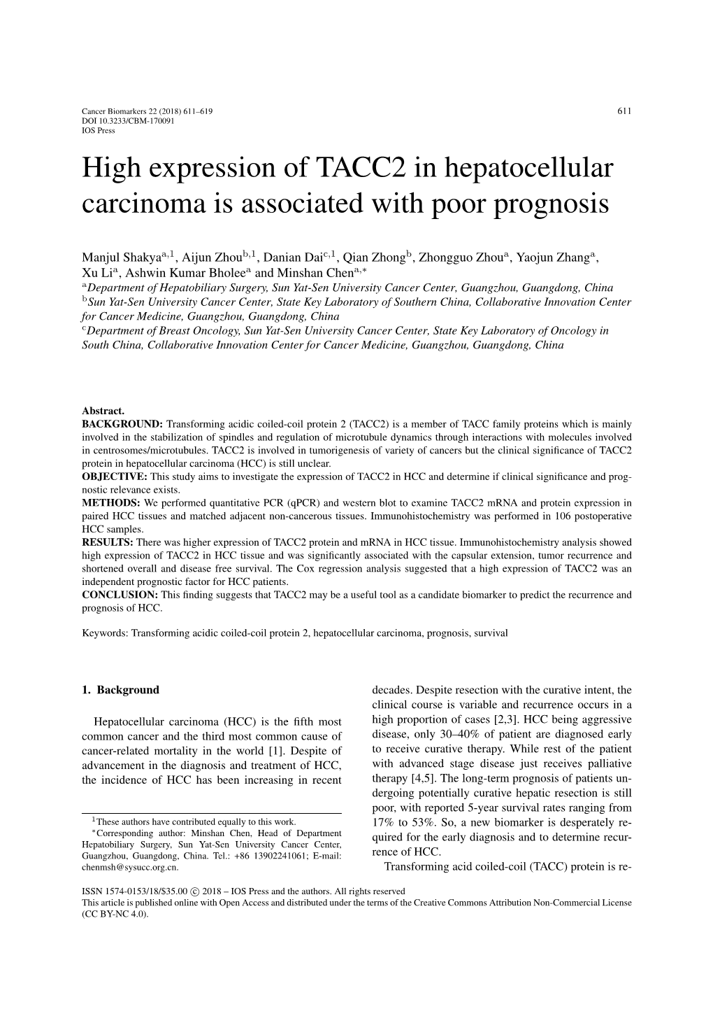 High Expression of TACC2 in Hepatocellular Carcinoma Is Associated with Poor Prognosis