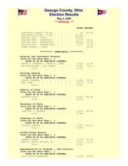 Geauga County, Ohio May 2, 2006 Official Election Results