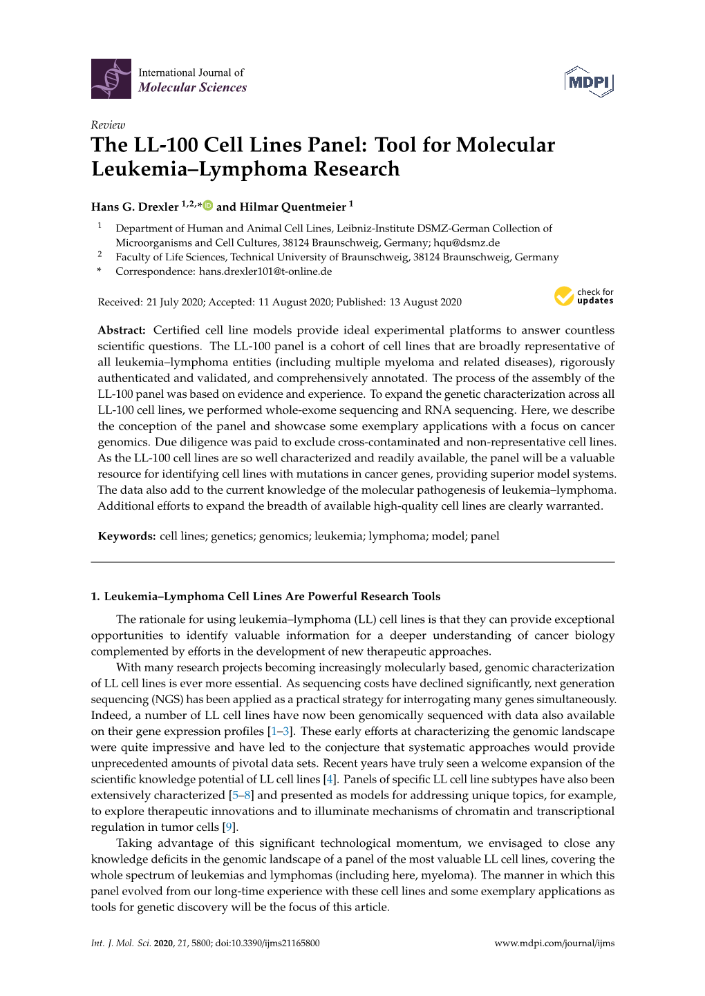 The LL-100 Cell Lines Panel: Tool for Molecular Leukemia–Lymphoma Research