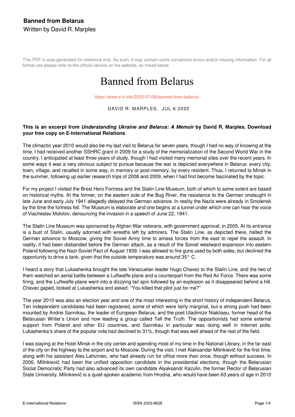 Banned from Belarus Written by David R