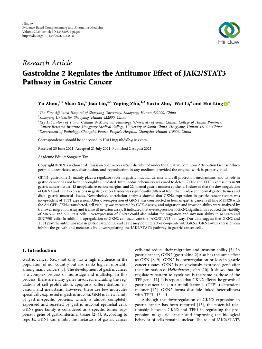 Gastrokine 2 Regulates the Antitumor Effect of JAK2/STAT3 Pathway in Gastric Cancer