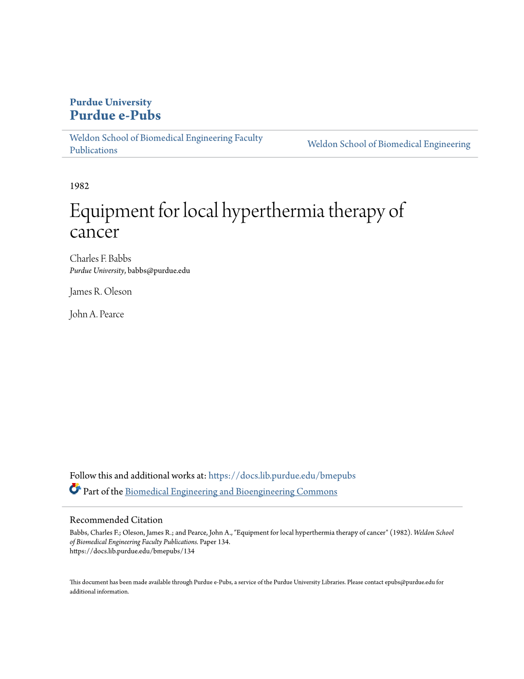 Equipment for Local Hyperthermia Therapy of Cancer Charles F