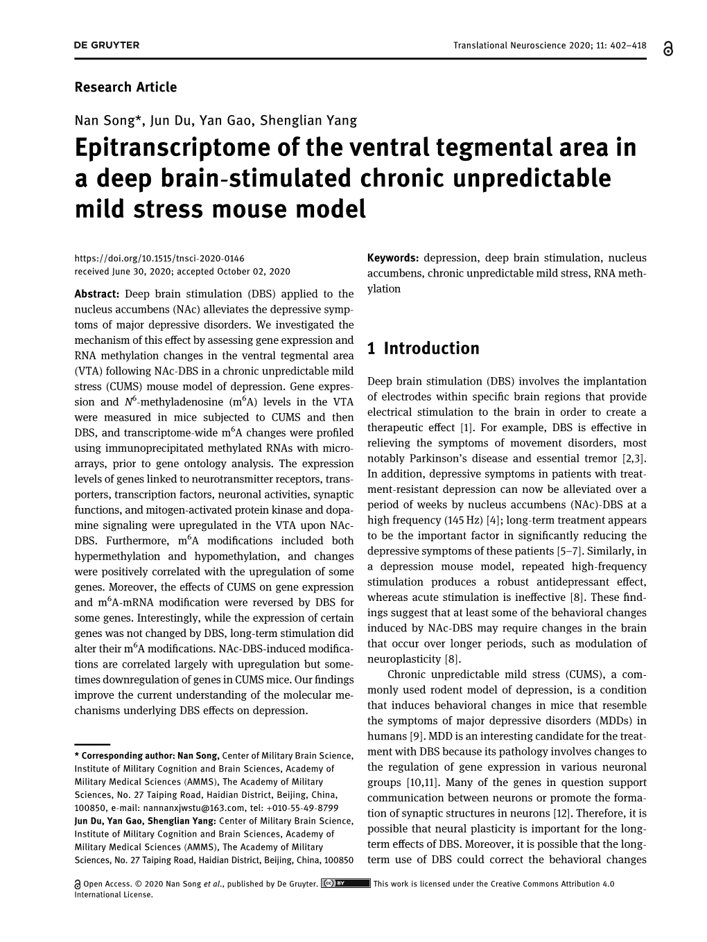 Epitranscriptome of the Ventral Tegmental Area in a Deep Brain-Stimulated Chronic Unpredictable Mild Stress Mouse Model