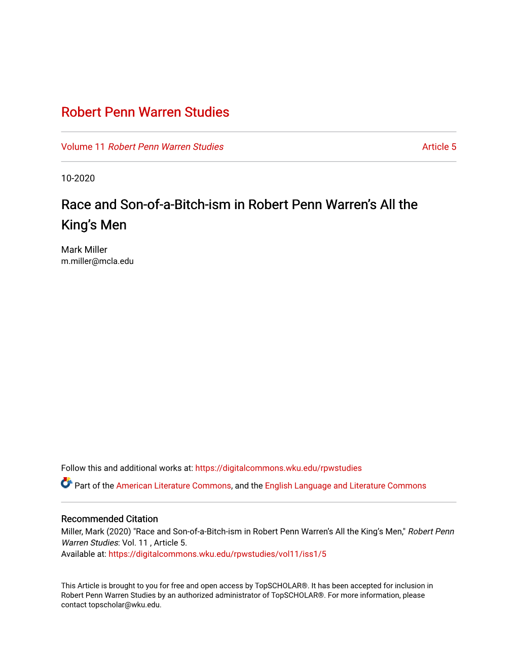 Race and Son-Of-A-Bitch-Ism in Robert Penn Warrenâ•Žs All the Kingâ•Žs