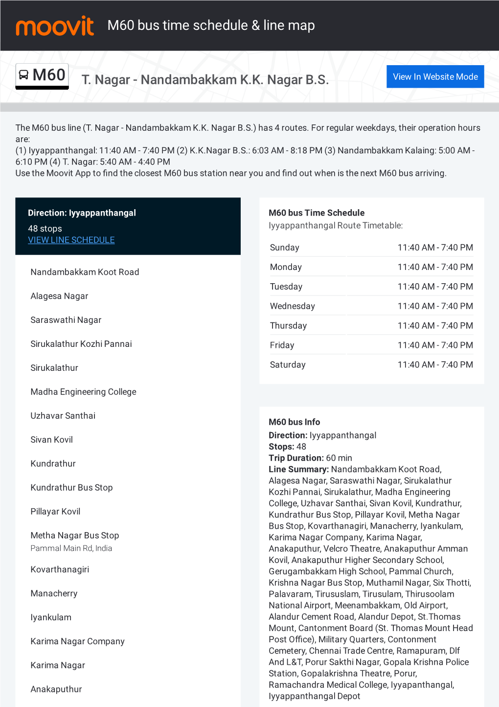 M60 Bus Time Schedule & Line Route